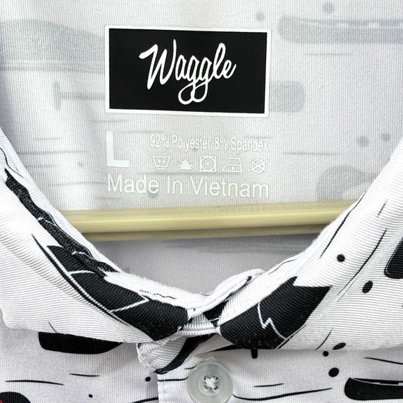 Waggle Polo Shirt Mens Large White Loon Lake Fish Boat Golf Performance Stretch - Picture 4 of 6